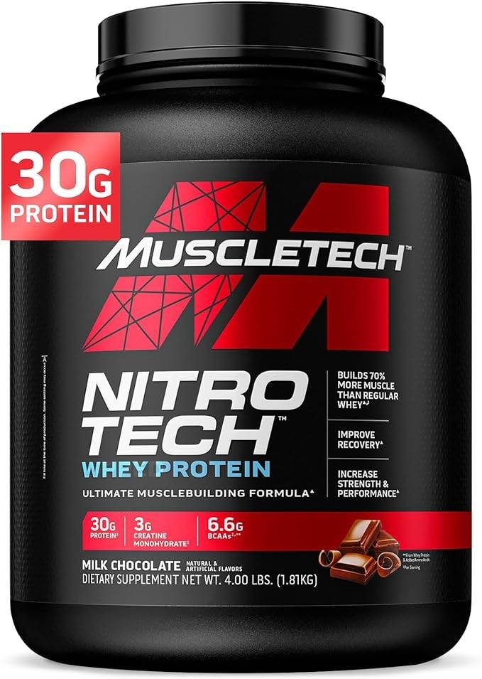MuscleTech Nitro-Tech Whey Protein, 1.81kg (4lbs), Milk Chocolate, 30g Protein, 3g Creatine Monohydrate, 6.6g BCAA, Ultimate Muscle Building Formula, Increase Strength & Performance