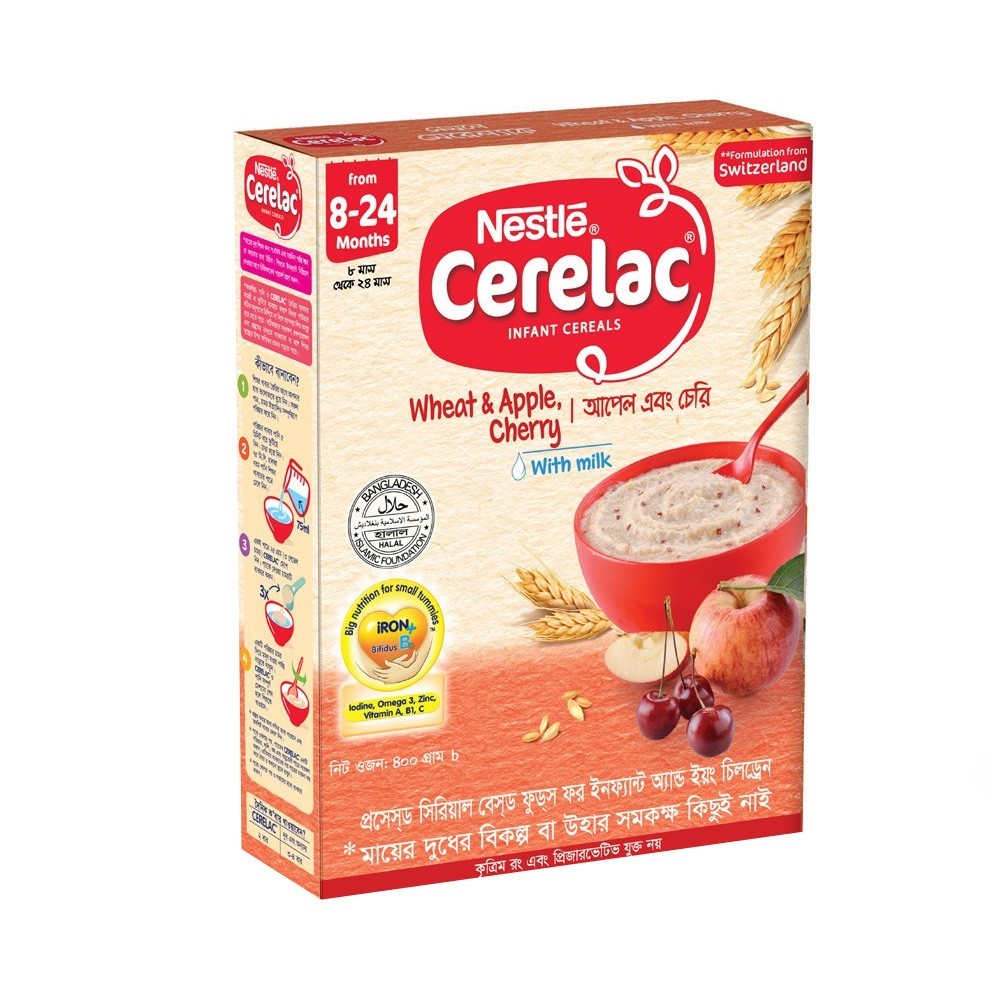 Nestlé Cerelac Wheat & Apple,Cherry Baby Food BIB (8+24 Months) 350gm Baby Food - (গম,আপেল এবং চেরি With Milk)