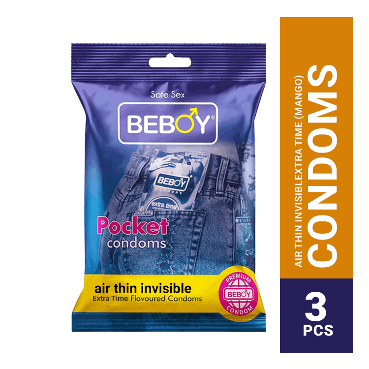 Beboy Extra Time Air Thin Invisible Condom (Mango Flavour) Pocket Pack- 3Pcs(India)