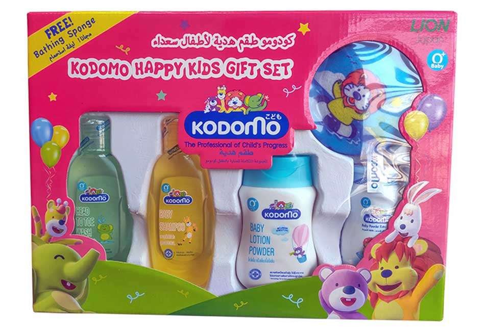 Kodomo Happy Kids Gift Set With Bathing Sponge ( Baby Shampoo + Head To Toe Wash + Baby Powder + Lotion Powder )
