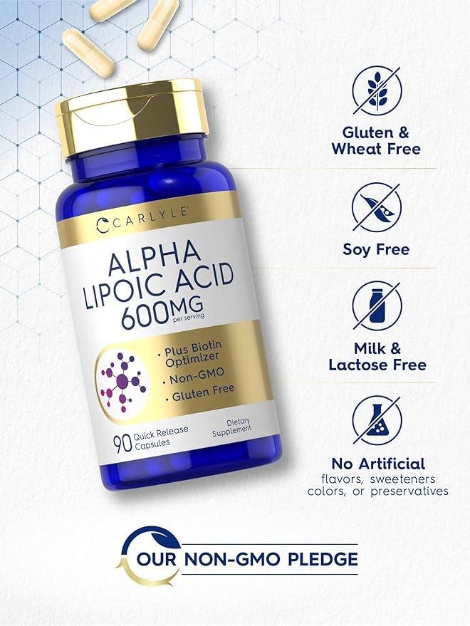 Carlyle Alpha Lipoic Acid 600mg | Plus Biotin Optimizer | 90 Capsules | Non-GMO & Gluten Free Supplement