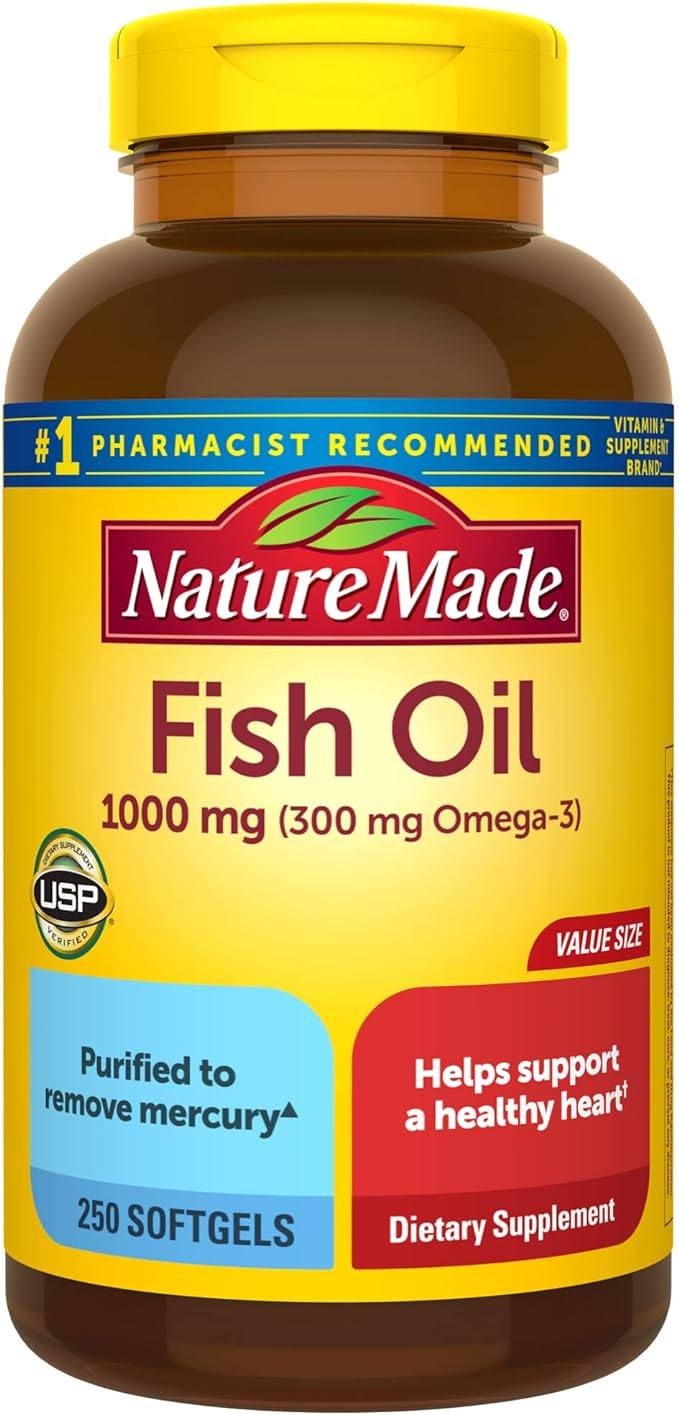 Nature Made Fish Oil 1000mg Softgels, Fish Oil Supplements, Omega 3 Fish Oil For Healthy Heart Support, Omega 3 Supplement With 250 Softgels